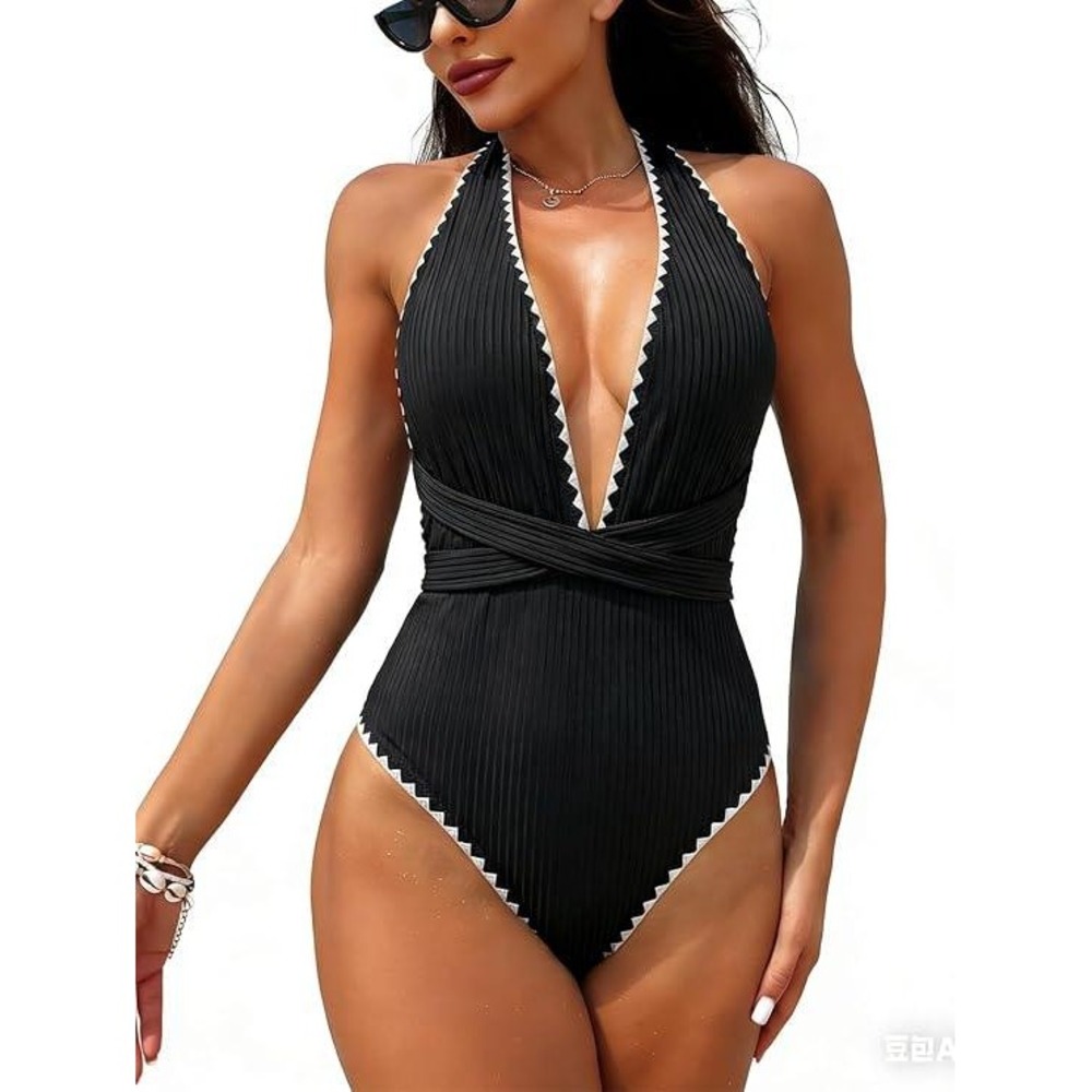 YELAIVP Black Ribbed Plunge High Cut One Piece Swimsuit Halter Tie Medium